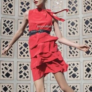 Anthropologie by Girls from Savoy Silk Sleeveless Tiered Ruffle Red Dress